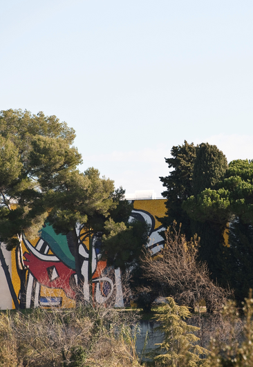 Vue de la façade ouest du Musée Fernand Léger à travers les arbres.jpg